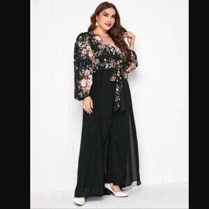 NEW Plus Floral Print Lantern Sleeve Wide Leg Jumpsuit With Skirt Women's Size 2